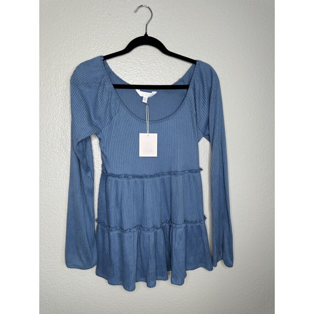 NEW Lauren Conrad Top Womens XS Peplum Ruffle Tunic Blue Ribbed Long Sleeve